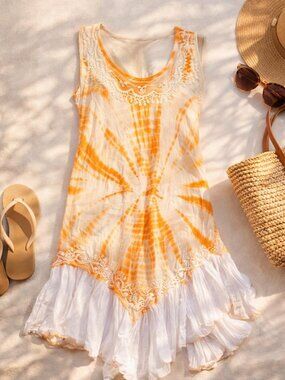 Shoreline Tie Dye Rayon Dress One Size Boho Resort Beach Cover Up